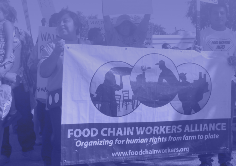 Food Chain Workers Alliance members holding a banner at a demonstration. Photo: FCWA