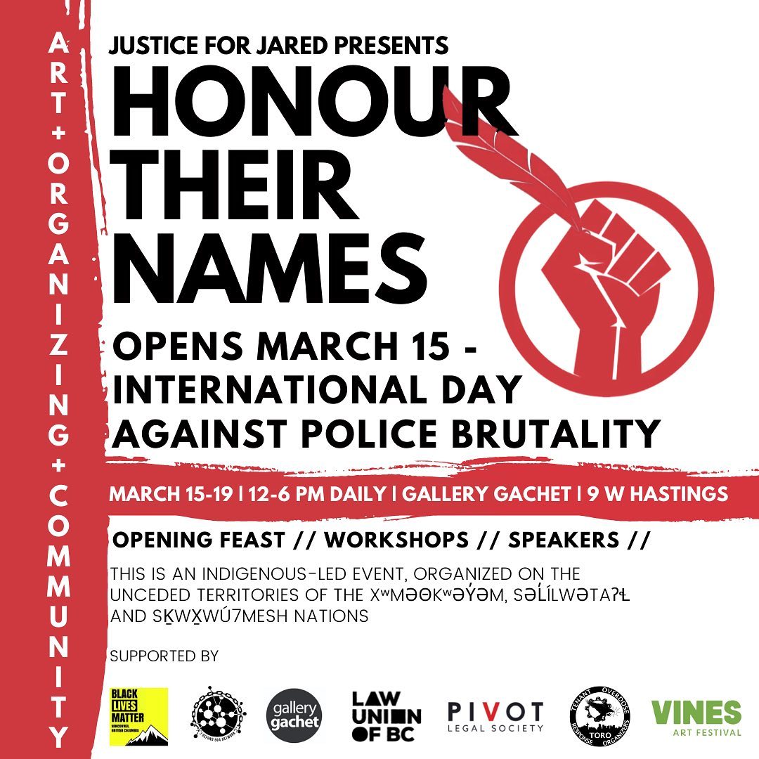 Poster for Honour Their Names. Fist holding feather in red