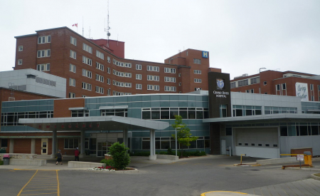 The entrance to Emergency at the KW Health Centre of the Grand River Hospital in Kitchener, Ontario, Canada