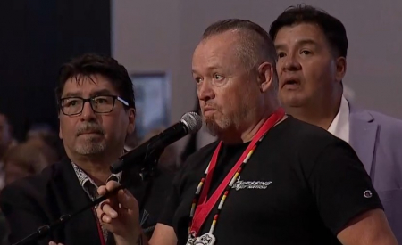 Nipissing First Nation Chief Scott McLeod speaking at the AFN general assembly in Halifax, July 12, 2023.