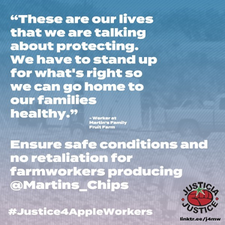 Justicia for Migrant Workers poster published in advance of the solidarity actions at Starbucks locations in November 2020. Main text reads "These are our lives that we are talking about protecting. We have to stand up for what's right so we can go home to our families healthy." - Worker at Martin's Family Fruit Farm