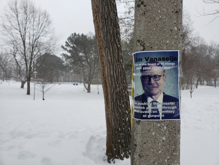 Poster of Vanaselja still up on Monday afternoon, January 24, near his house, at the border of the popular Chorley Park in Rosedale. Author photo.