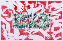 An illustration with hands and arms on the outside in white and red, and then maybe green thyme or rosemary leaves inside in green and blue with Arabic text in red.