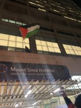 SPIDERMAN4PALESTINE WAVES A PALESTINIAN FLAG ABOVE THE ENTRANCE OF MOUNT SINAI HOSPITAL, ONE OF AT LEAST EIGHT ELEVATED SPOTS THEY CLIMBED TO IN THE COURSE OF THE RALLY ON FEB. 12. PHOTO CREDIT: ANNA LIPPMAN.