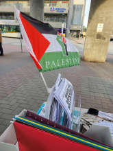 Palestine flag on table with street in background.