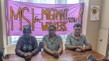 Kerian Burnett (left), Stacey Gomez (centre) from NOII-NS, and Thiago Buchert from the Halifax Refugee Clinic (right) speak at Monday's press conference in Halifax, Nova Scotia. Photo credit: Kaley Kennedy, sourced from Facebook page: https://www.facebook.com/photo/?fbid=601005592186235&set=a.554057570214371