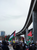 Palestine solidarity rally under Skytrain rails in Surrey.